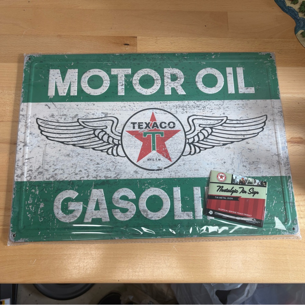Texaco Motor Oil & Gasoline Metal Sign. 12”x16 7/8”. Nostalgic Tin Sign.